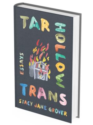 hardback cover of Tar Hollow Trans: Essays. The title and author name are written in water color and surround a painting of a burnin barn.