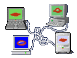 4 computers wired together with moving mouths on the screens